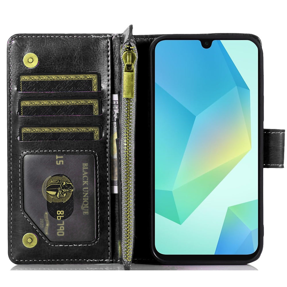 For Samsung Galaxy A16 5G PU Leather Zipper Wallet Case 9 Credit Card Slots Cash Money Pocket Clutch Pouch with Stand & Strap Case Cover Black
