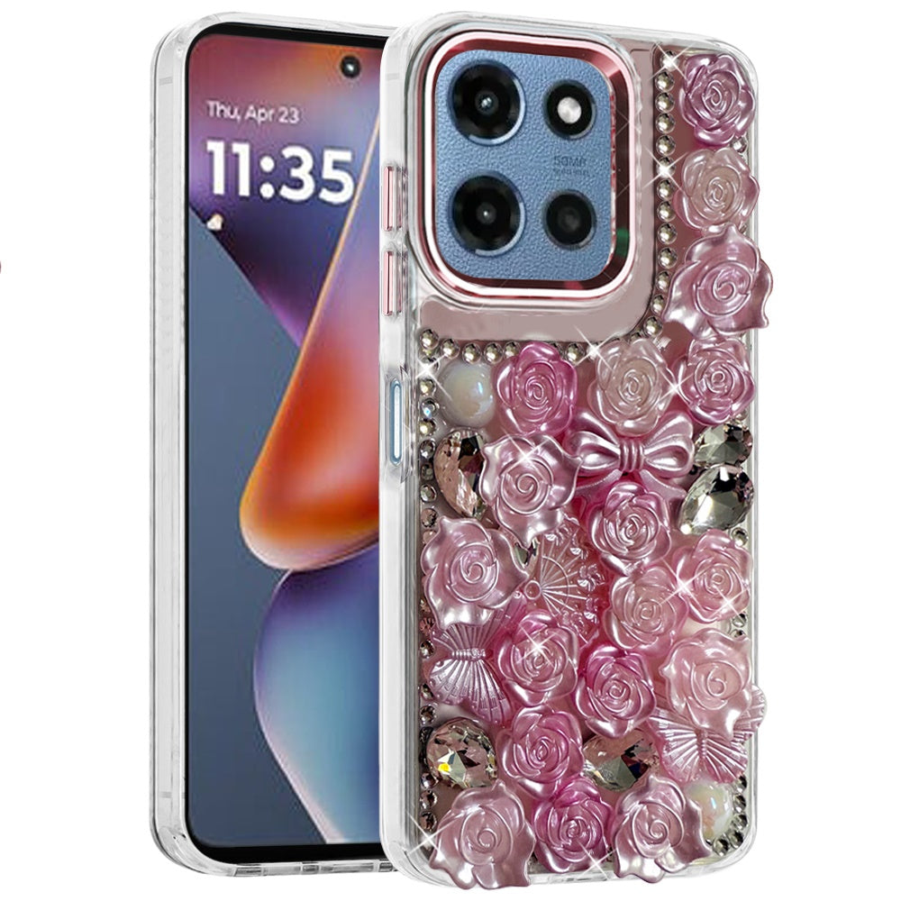 Phone Case for Motorola Moto G Play 5G 2026 3D Flower Bling Rhinestone Glitter Cute Stylish Shockproof Protective Decorative Luxury Grip Stones Ornaments Cover Pink