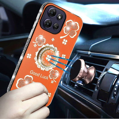 For Motorola Moto G Power 5G 2026 /2025 Diamonds Bling All Around Edges Sparkly Glitter Hybrid with Ring Stand Holder Fashion Good Luck Case Cover Cosmic Orange