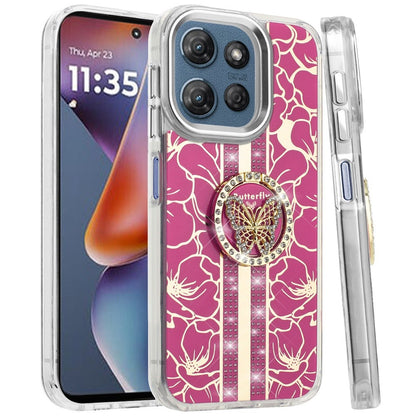 For Motorola Moto G 5G 2025 Diamonds 3D Butterfly Floral Design Bling Sparkly Glitter Hybrid Metal Fashion with Ring Stand Case Cover Hot Pink