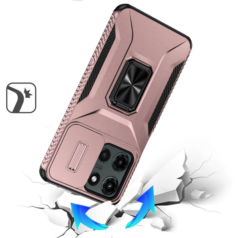 For Motorola Moto G Stylus 5G 2025 Case, Camera Cover with Magnetic Rotation Ring Stand, Military Grade Hybrid Hard TPU Shockproof Case Cover Rose Gold