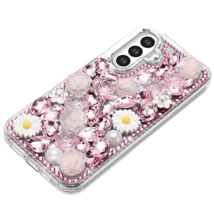 For Samsung Galaxy S25+ /S25 Plus /S24+ Plus Fashion Daisy Floral Series, Full 3D Bling Crystal Diamonds Sparkling Rhinestone Glitter Hybrid Design Case Cover