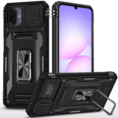 For Samsung Galaxy A07 Tough Hybrid Case with Movable Camera Window & Metal Ring Stand Shockproof Case Cover