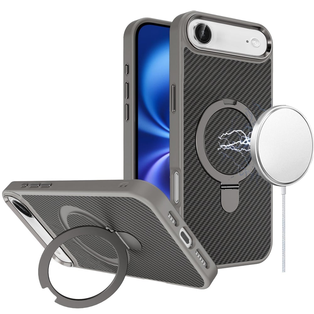 For Apple iPhone 17 Air (6.6") Hybrid Carbon Fiber Design with MagSafe Compatible [Magnetic Circle], Ring Stand Shockproof Slim TPU Case Cover
