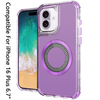 For Apple iPhone 16 Plus Magnetic Circle Compatible with Magsafe, Hybrid Chrome 3in1 Transparent Shockproof TPU Bumper Case Cover Purple