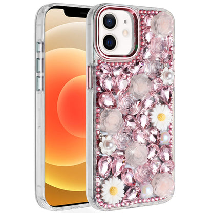 For Apple iPhone 14 /13 Fashion Daisy Floral Series, Full 3D Bling Crystal Diamonds Sparkling Rhinestone Glitter Hybrid Design Case Cover Pink