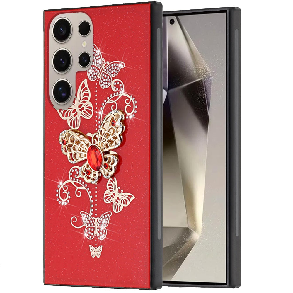 For Samsung Galaxy S25 Ultra Diamonds 3D Fashion Bling Sparkly Glitter Ornaments Engraving Hybrid with Ring Stand Case Cover