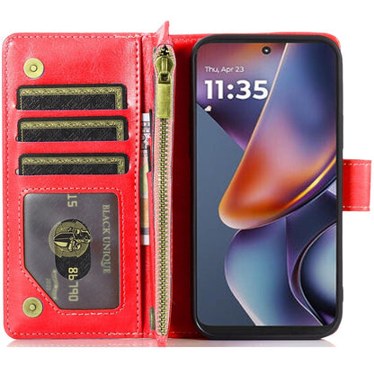 For Motorola Moto G Stylus 5G 2025 Leather Wallet Case with Zipper, 9 Card Slots, Cash Pocket, Stand & Strap, Clutch Pouch Design Case Cover Red