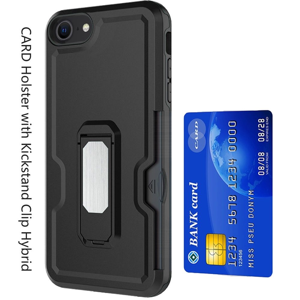For Apple iPhone SE 3 (2022) SE/8/7 Full-Body Hybrid Heavy Duty Armor Case with Belt Clip Holster, Credit Card Holder & Kickstand Case Cover Black