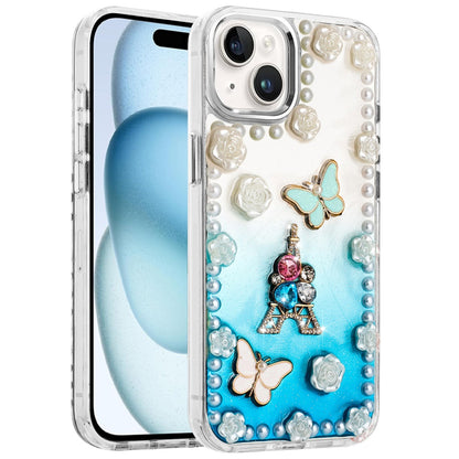 For Apple iPhone 16 (6.1") Bling Fashion Design with 3D Pearls Epoxy Glitter Ornaments Chrome Edge Hard Slim PC Case Cover