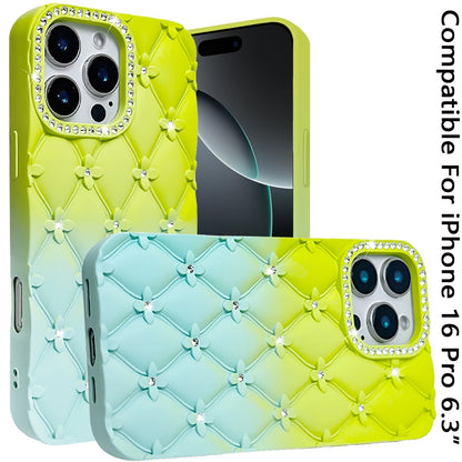 For Apple iPhone 16 Pro Fashion Flower Design Sparkle Glitter Shimmer Rhinestone Bling Floral Accents, Leather Texture TPU Case Cover