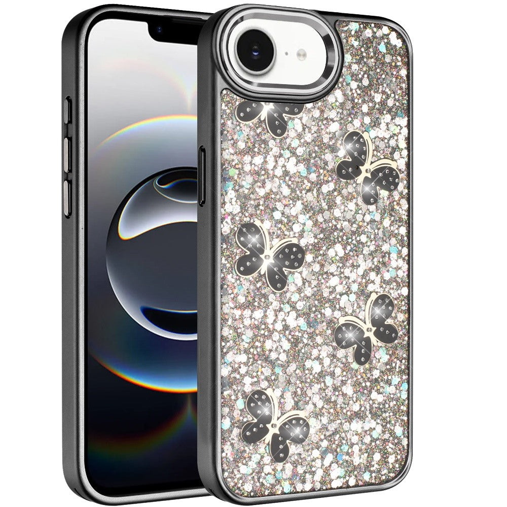 For Apple iPhone 17E /16E Cute Butterfly Crystal Diamond Glitter Case Sparkle Bling Frame Metallic Edges, Shimmer TPU Hybrid Case Cover