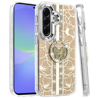 For Samsung Galaxy A37 Diamonds 3D Butterfly Floral Design Bling Sparkly Glitter Hybrid Metal Fashion with Ring Stand Case Cover