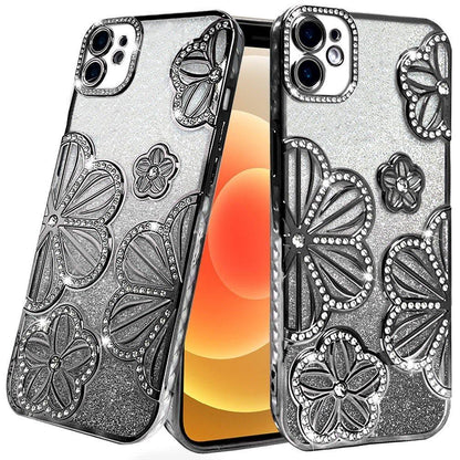 For Apple iPhone 16 Pro Max (6.9") Luxury Floral Design Sparkle Glitter Diamond Crystal Rhinestone Shimmer Bling Plating Thick TPU Hard PC Case Cover