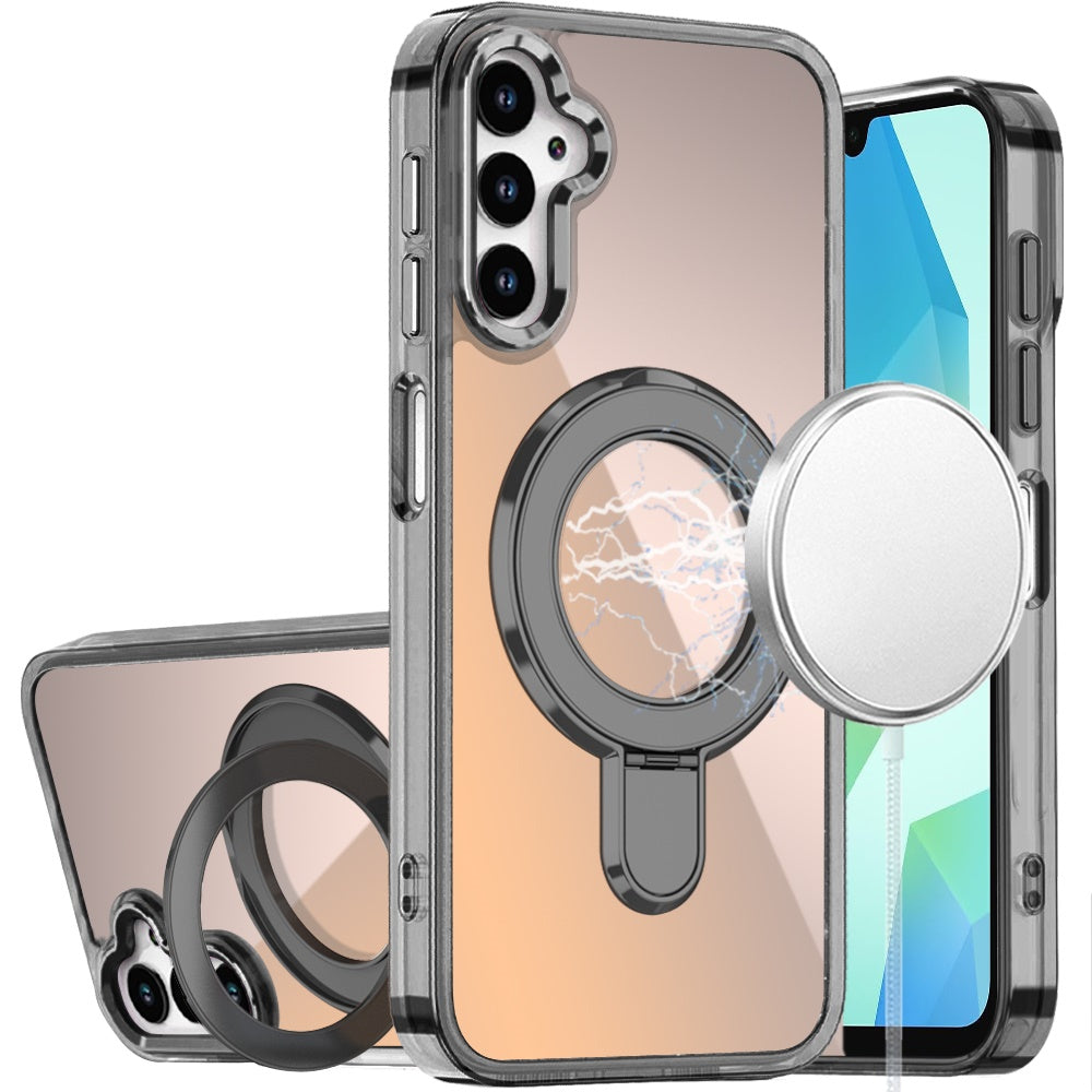 For Samsung Galaxy A16 5G Chrome Hybrid with Rotating Magnetic Circle Ring Stand, Slim Shockproof Hybrid Case Cover Cosmic Orange