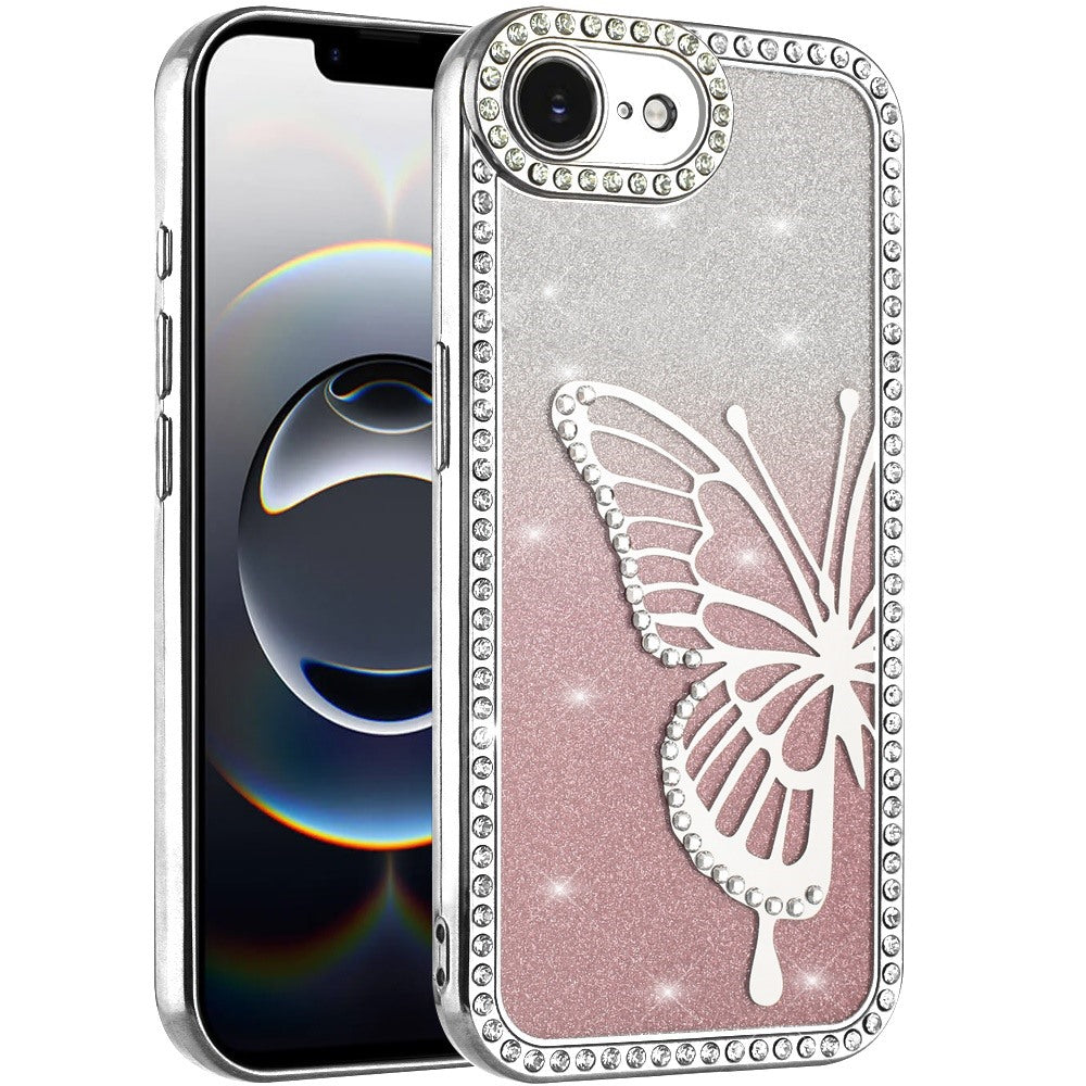 For Apple iPhone 16e Butterfly Glitter Diamond Shimmer Hybrid Slim & Stylish Electroplated Sparkly Bling Shockproof TPU Protective Case Cover