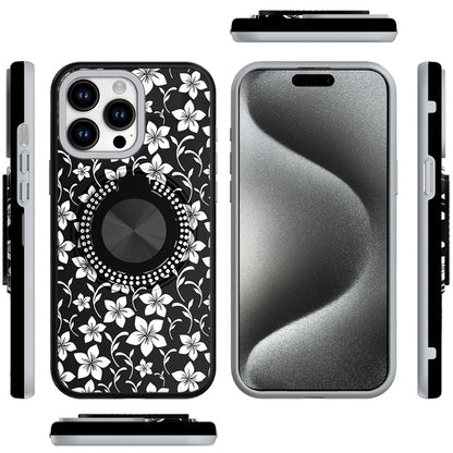 For Apple iPhone 16e Pattern Design Hybrid with Invisible Ring Stand & Magnetic Back, Shockproof Protective Grip Case Cover Classic Floral