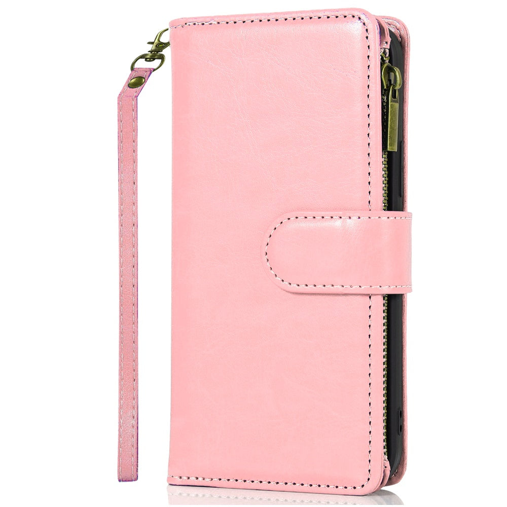 For Samsung Galaxy A37 Leather Wallet Case with Zipper, 9 Card Slots, Cash Pocket, Stand & Strap, Clutch Pouch Design Case Cover Rose Gold
