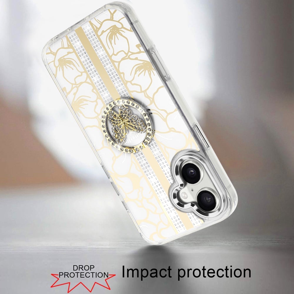 For iPhone 12 / iPhone 12 Pro (6.1") Diamonds 3D Butterfly Floral Design Bling Sparkly Glitter Hybrid Metal Fashion with Ring Stand Case Cover