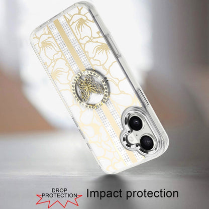 For iPhone 12 / iPhone 12 Pro (6.1") Diamonds 3D Butterfly Floral Design Bling Sparkly Glitter Hybrid Metal Fashion with Ring Stand Case Cover