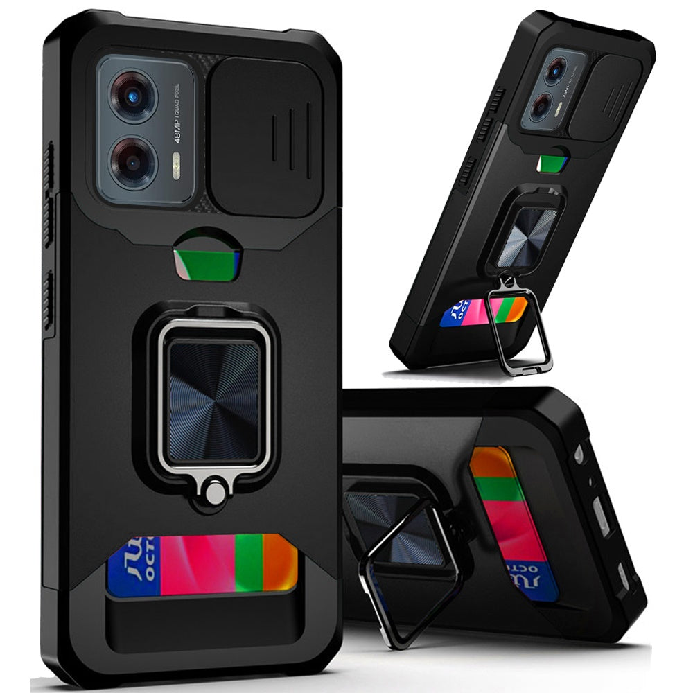 For Motorola Moto G 5G 2026/2025 Wallet Case with Ring Stand & Slide Camera Cover Back Credit Card Slot Holder, Military Grade Case Cover Cosmic Orange