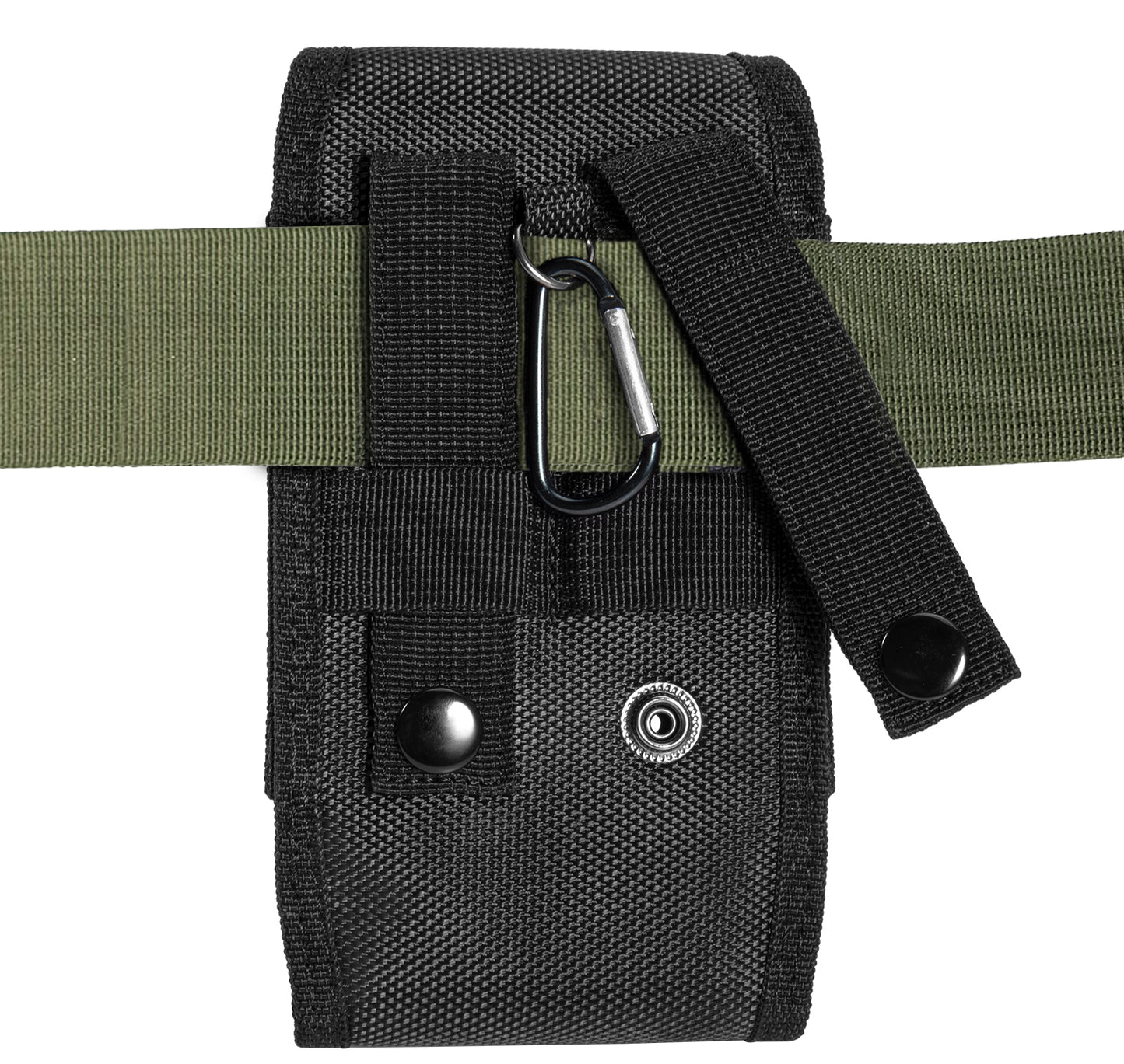 For Apple iPhone 16 Pro (6.3") Universal Vertical Pouch Case Nylon Cell Phone Holster with Belt Clip Loop, Carabiner and Credit Card Slot Cover [Black]