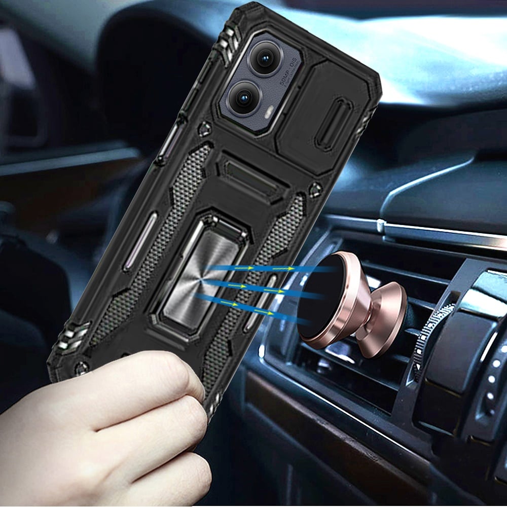 For Motorola Edge 2024 Tough Hybrid Case with Movable Camera Window & Metal Ring Stand Shockproof Case Cover Black