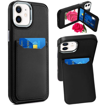 For Apple iPhone 13 Pro Max PU Leather Wallet Cover with Credit Card Holder, Kickstand & Mirror Inside Slim Fit TPU & PC Hybrid Design Case Cover
