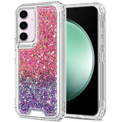 For Samsung Galaxy S23 Epoxy Bling Glitter Sparkly 3-in-1 Transparent Hybrid Full-Body Shockproof PC Bumper Case Cover Hot Pink+Purple