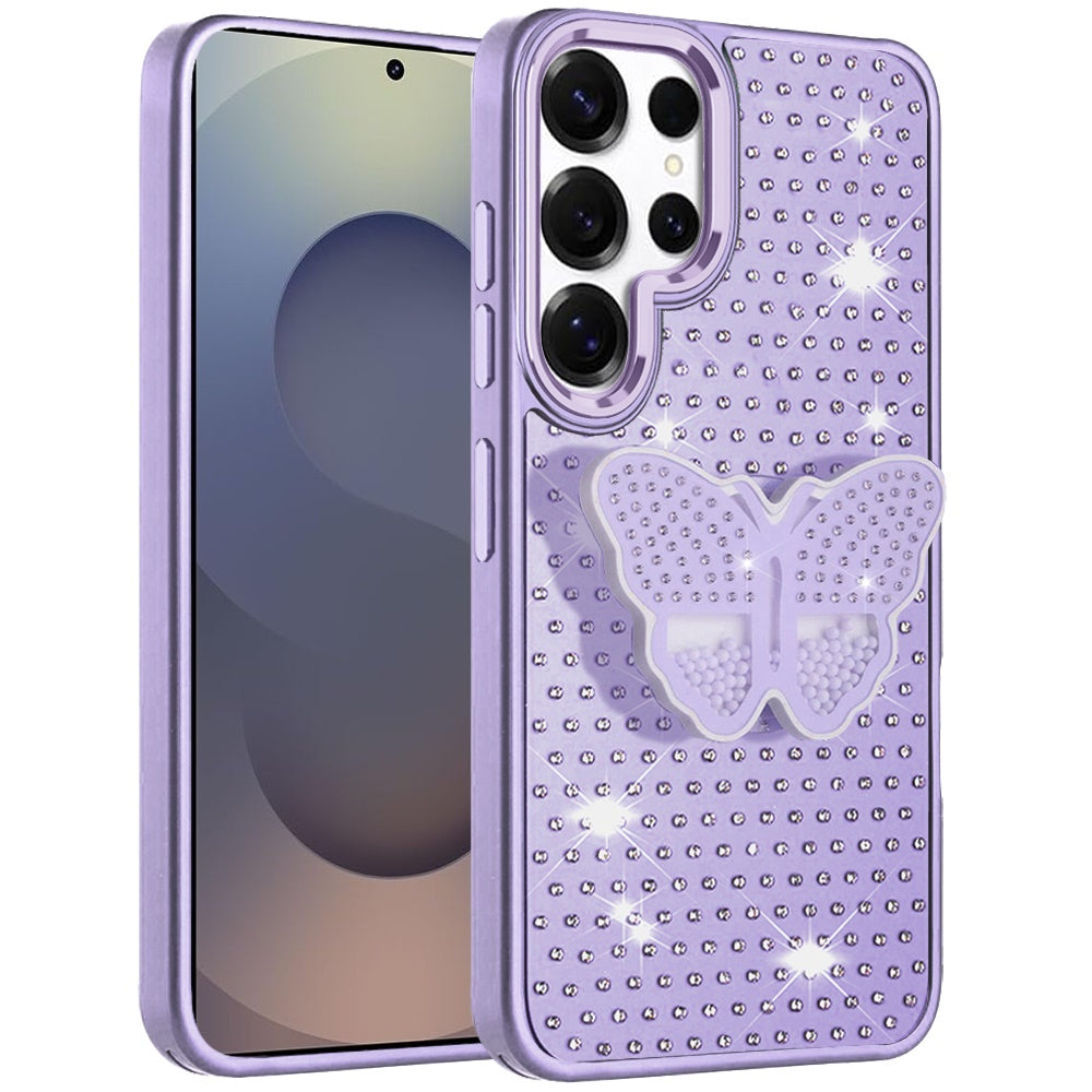 For Samsung Galaxy S25 Ultra Butterfly Moveable Grip 3D Pop Stand Full Diamond Bling Sparkling TPU Fashion Hybrid Case Cover