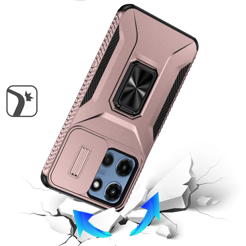 For Motorola Moto G 5G 2025 Case, Camera Cover with Magnetic Rotation Ring Stand, Military Grade Hybrid Hard TPU Shockproof Case Cover Rose Gold