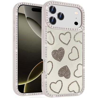 For Apple iPhone 17 Pro Max (6.9") Spread Love Glitter Shimmer Bling Diamond Edge Hybrid Drop Protection Shockproof Design Case Cover Beige