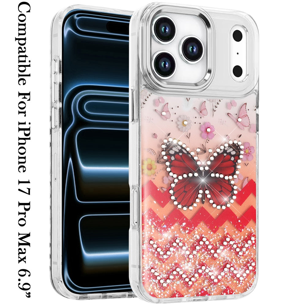 For Apple iPhone 17 Pro Max (6.9") Butterfly Resin Epoxy Diamond Design Metal Edged Hybrid Shockproof Heavy Duty Drop Protection Case Cover