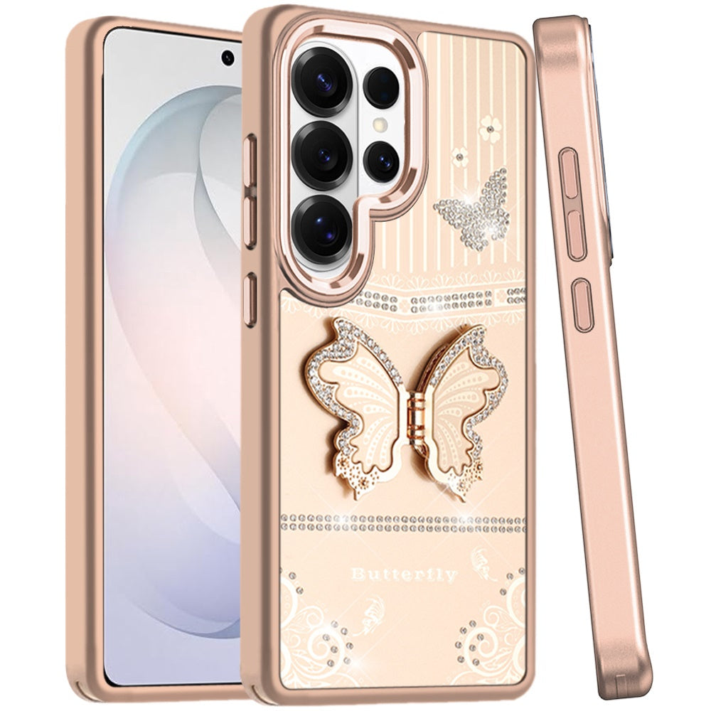 For Samsung Galaxy S26 Ultra Glitter 3D Butterfly Design Bling Metallic Edge Hybrid Stand Drop Protection TPU Shockproof Case Cover