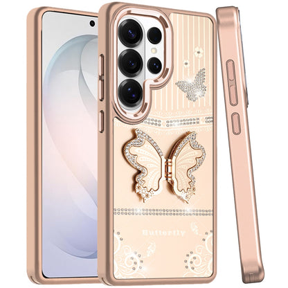 For Samsung Galaxy S26 Ultra Glitter 3D Butterfly Design Bling Metallic Edge Hybrid Stand Drop Protection TPU Shockproof Case Cover