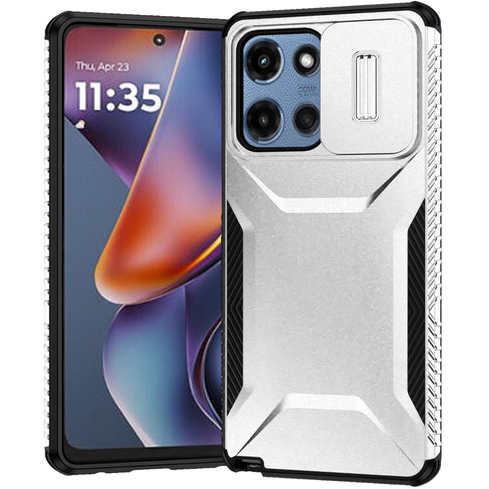 For Motorola Moto G Stylus 5G 2025 Slim Fit Shockproof Hybrid with Slide Camera Window Covering, Rugged Tpu Silicone Hard PC Bumper Case Cover Silver
