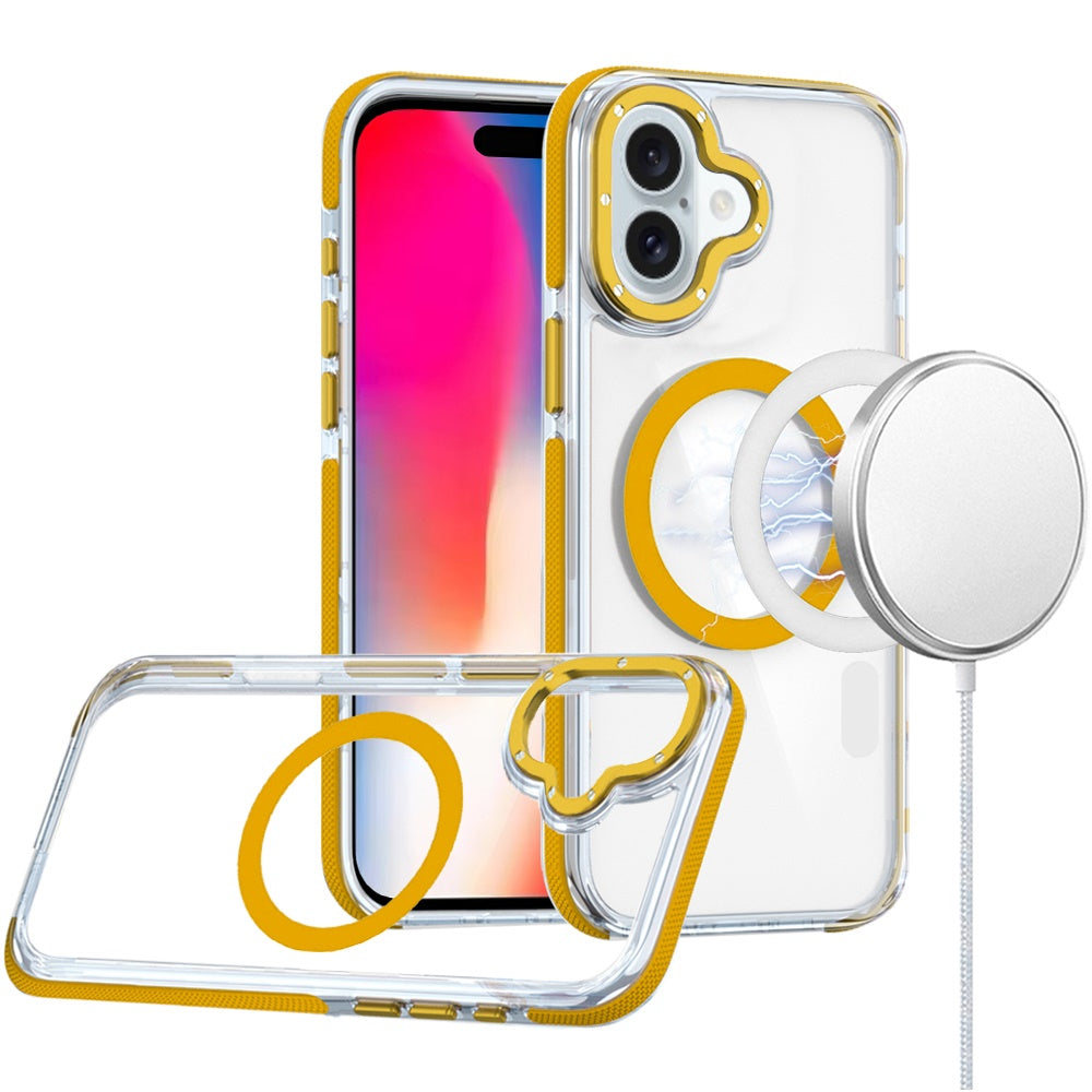 For Apple iPhone 16 (6.1") Transparent back with Colorful Frame Strong Magnetic Circle [Compatible with Magsafe] Slim Shockproof Case Cover Clear Yellow