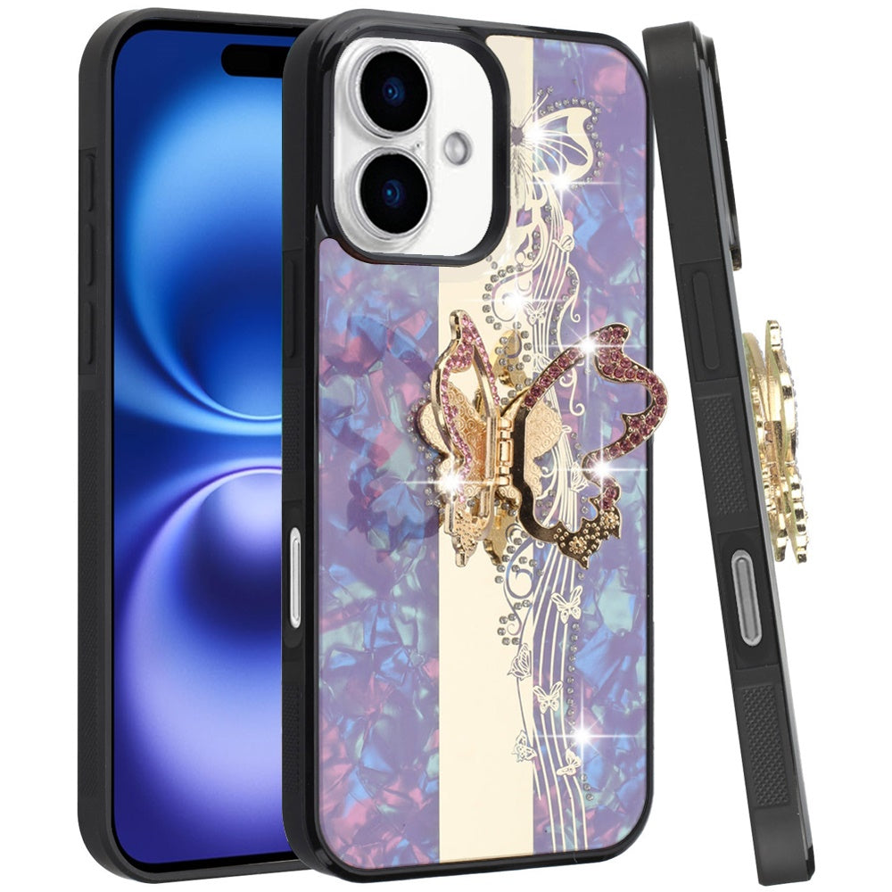 For Apple iPhone 17 (6.3") Diamonds 3D Fashion Bling Sparkly Glitter Ornaments Engraving Hybrid with Ring Stand Case Cover