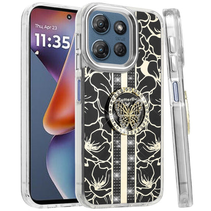 For Motorola Moto G Play 5G 2026 Diamonds 3D Butterfly Floral Design Bling Sparkly Glitter Hybrid Metal Fashion with Ring Stand Case Cover