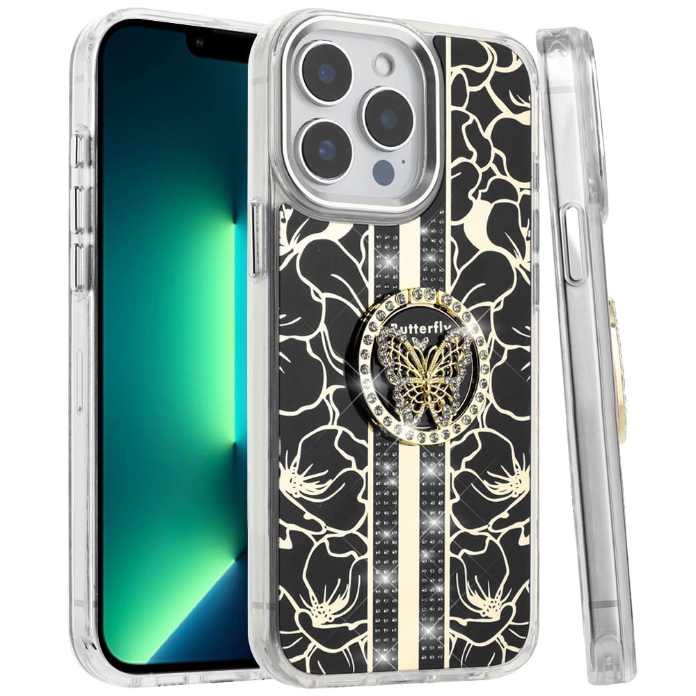 For Apple iPhone 13 Pro Max Floral Design Embedded Glass Diamond Fancy Fashion Glitter Bling Sparkly Hybrid Rugged TPU Bumper Case Cover