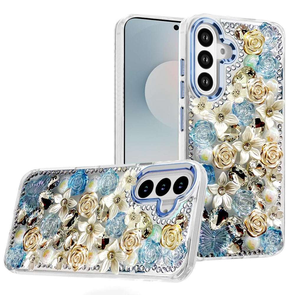 For Samsung Galaxy S25 FE, S25 Fan Edition 3D Diamond Floral Roses Flower Bling Stone Hybrid, Sparkly Rhinestone Gemstone Back Shockproof Case Cover Blue