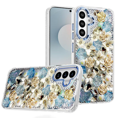 For Samsung Galaxy S25 FE, S25 Fan Edition 3D Diamond Floral Roses Flower Bling Stone Hybrid, Sparkly Rhinestone Gemstone Back Shockproof Case Cover Blue