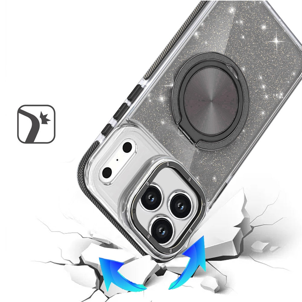 For Apple iPhone 17 Pro Max (6.9") Slim Bling Glitter Sparkly Shimmer Hybrid with Magnetic Ring and 360° Rotational Stand [Compatible with Magsafe] Case Cover