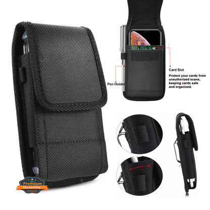 For Apple iPhone 16 (6.1") Vertical Nylon Canvas Holster Universal Cell Phone Pouch Velcro Closure with Credit Card Slot & Belt Clip Loop Carabiner [Black]