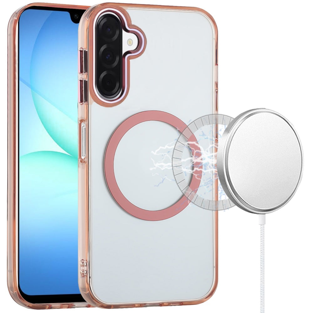 For Samsung Galaxy A17 5G Transparent Back Hybrid Case - Magnetic Circle, Color Frame, Metal Buttons, MagSafe Compatible Case Cover Rose Gold