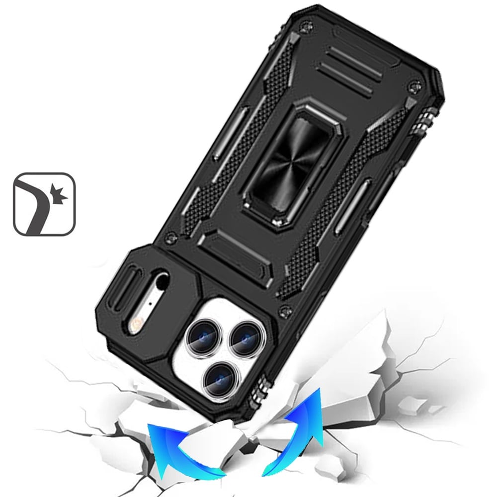 For Apple iPhone 17 Pro (6.3") Tough Hybrid Case with Movable Camera Window & Metal Ring Stand Shockproof Case Cover