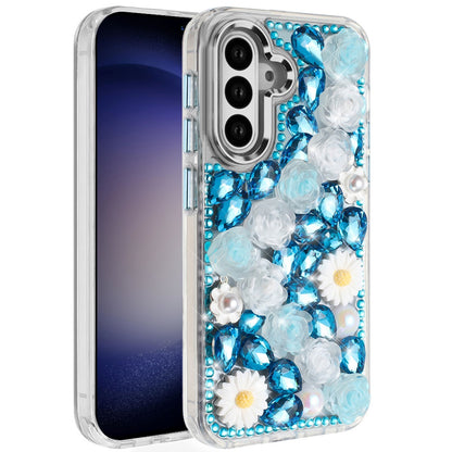 For Samsung Galaxy S23 Fashion Daisy Floral Series, Full 3D Bling Crystal Diamonds Sparkling Rhinestone Glitter Hybrid Design Case Cover Black