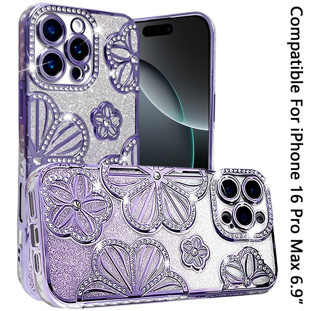 For iPhone 16 Pro Max (6.9") Luxury Flower Design Sparkle Glitter Diamond Rhinestone Shimmer Bling Plating Thick TPU Hard PC Case Cover