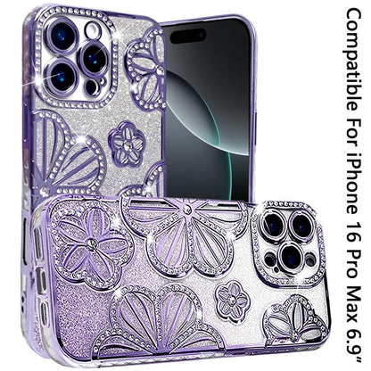 For iPhone 16 Pro Max (6.9") Luxury Flower Design Sparkle Glitter Diamond Rhinestone Shimmer Bling Plating Thick TPU Hard PC Case Cover