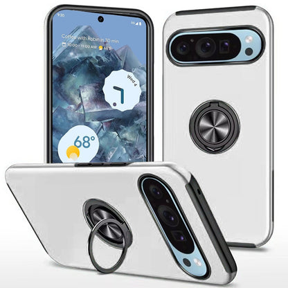 For Google Pixel 9 Pro XL Hybrid 360 Degree Rotatable Metal Invisible Ring Stand Holder Slim Fit Magnetic Car Mount Shockproof Case Cover Black